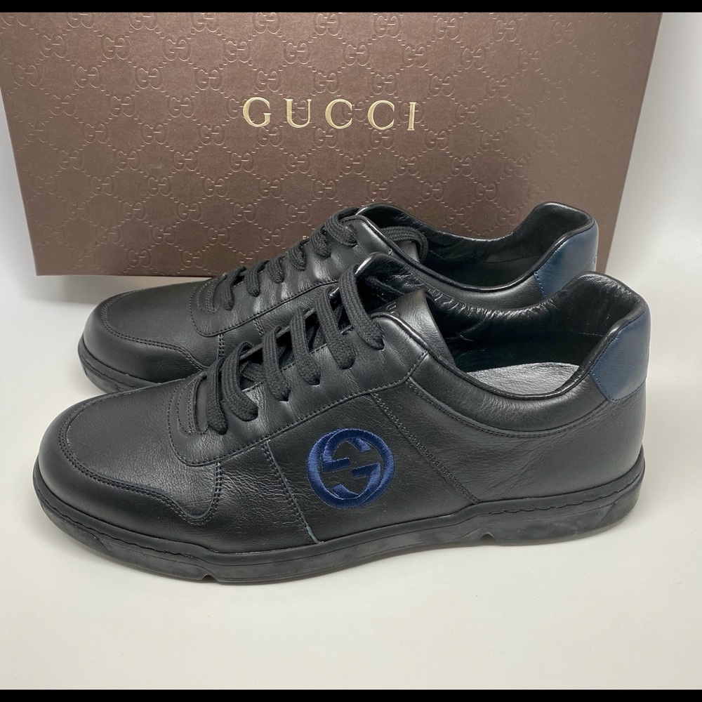 GUCCI Interlock GG Logo Black Leather Sneakers NIB